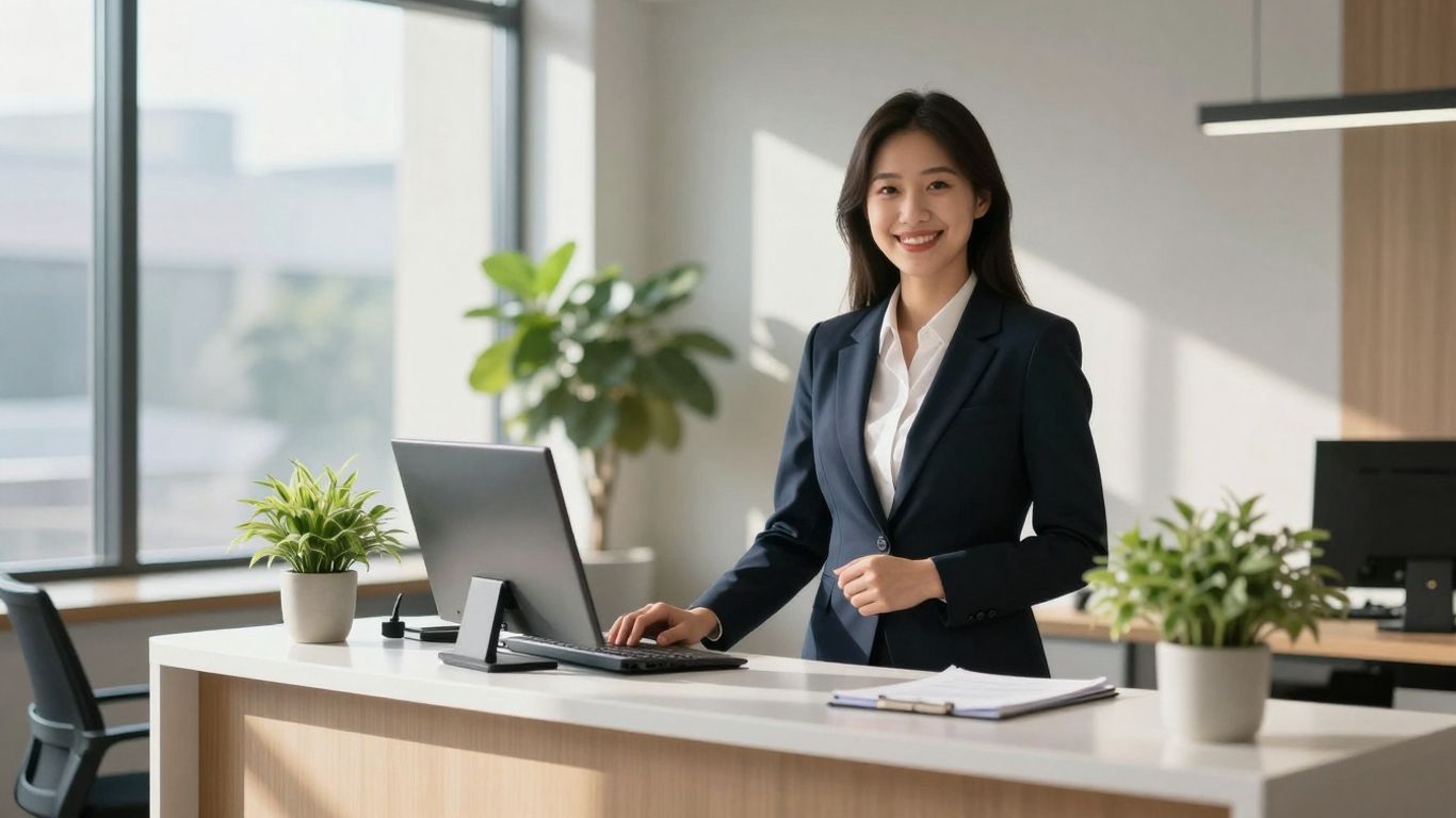 Professional receptionist in a modern real estate office.