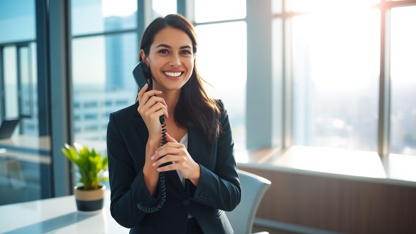 Businesswoman answering phone in modern office.