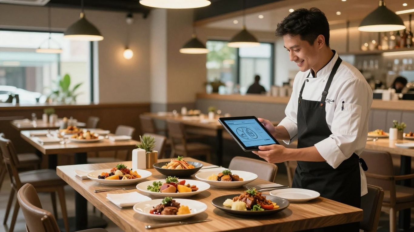 Restaurant staff using AI assistant with customer