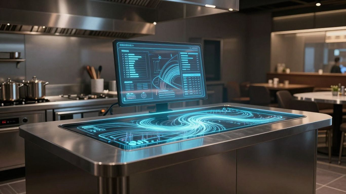 AI interface in a modern restaurant kitchen.