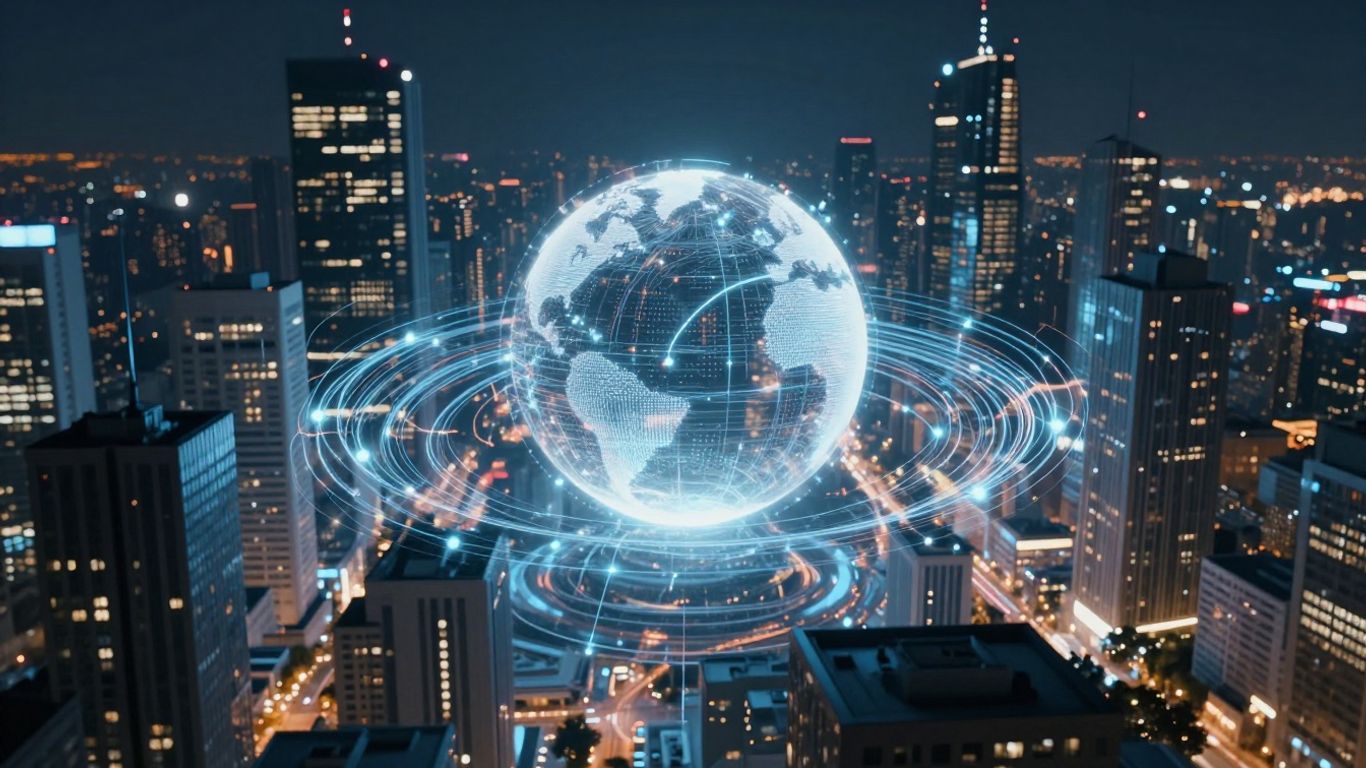 AI connecting businesses with glowing digital streams.