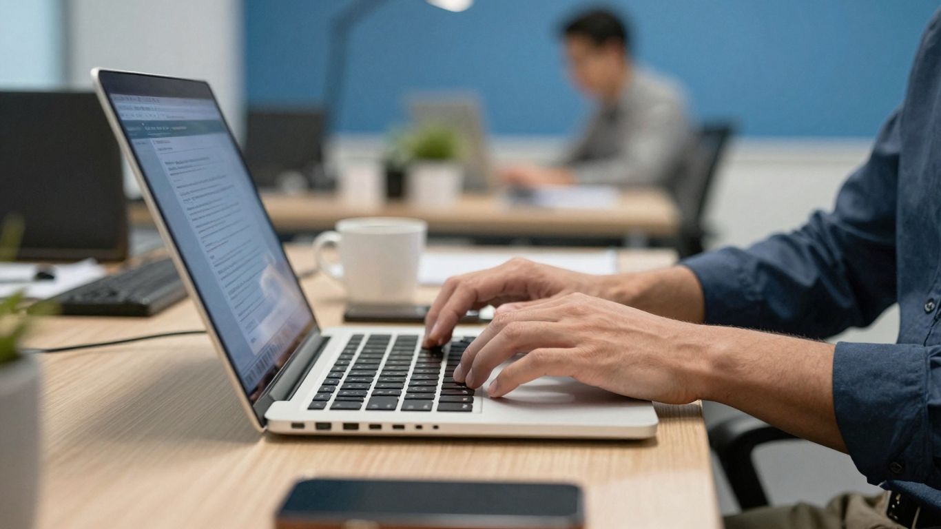 Person using laptop in a modern office.
