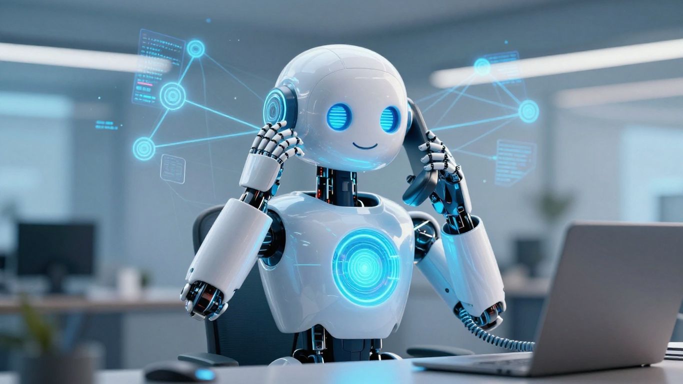 Robot making a phone call with digital connections.