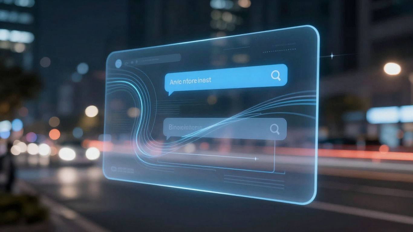 AI chatbot interface on a screen with cityscape background.