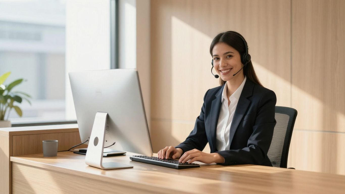 Professional receptionist in a modern office setting.