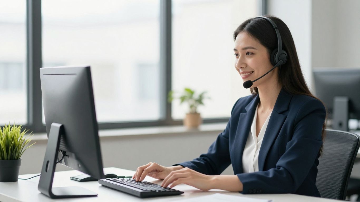 Professional woman with headset in office, smiling.
