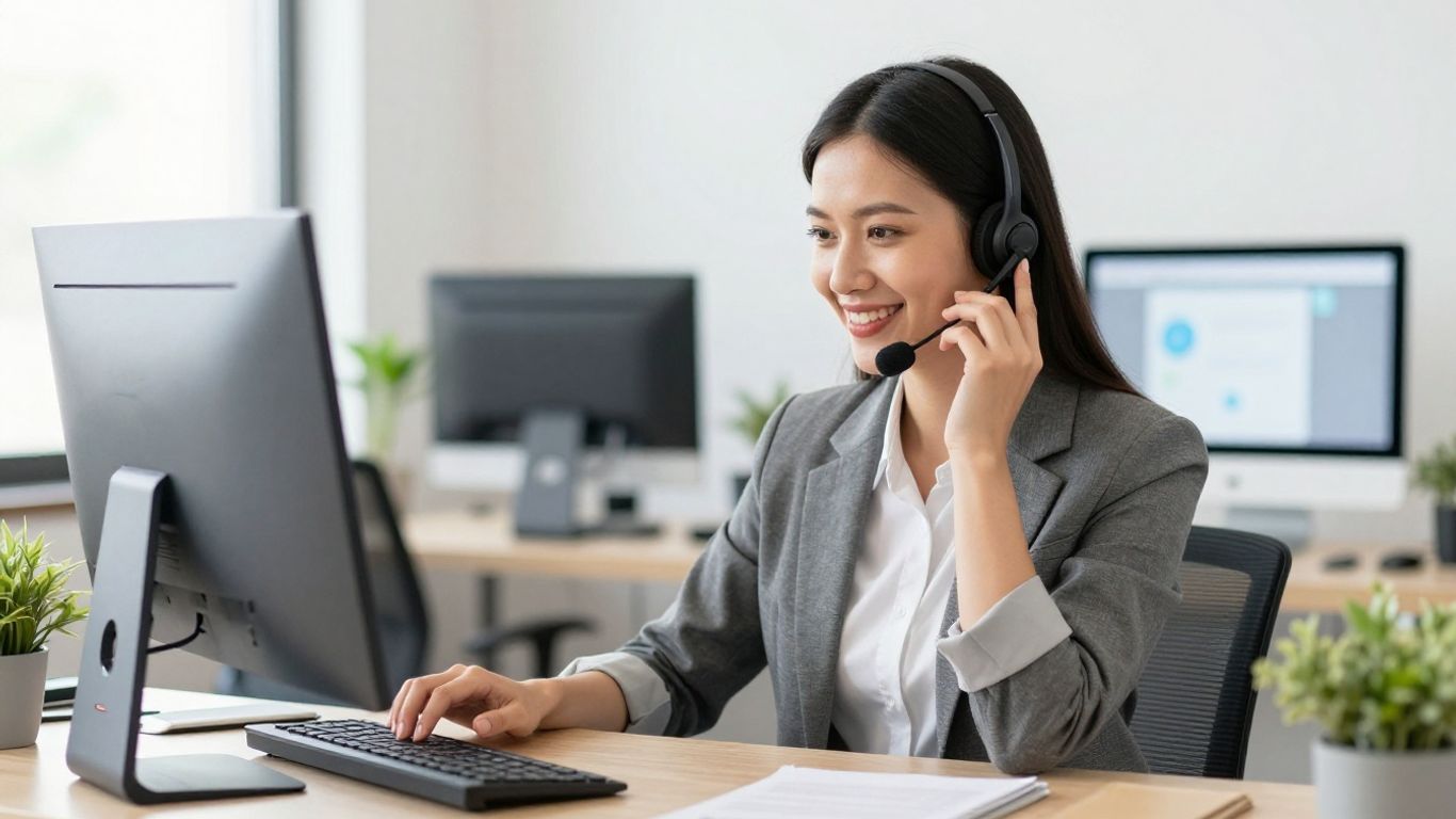Virtual receptionist assisting call in modern office.