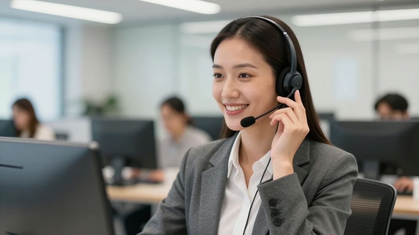 Professional woman using a headset in an office.