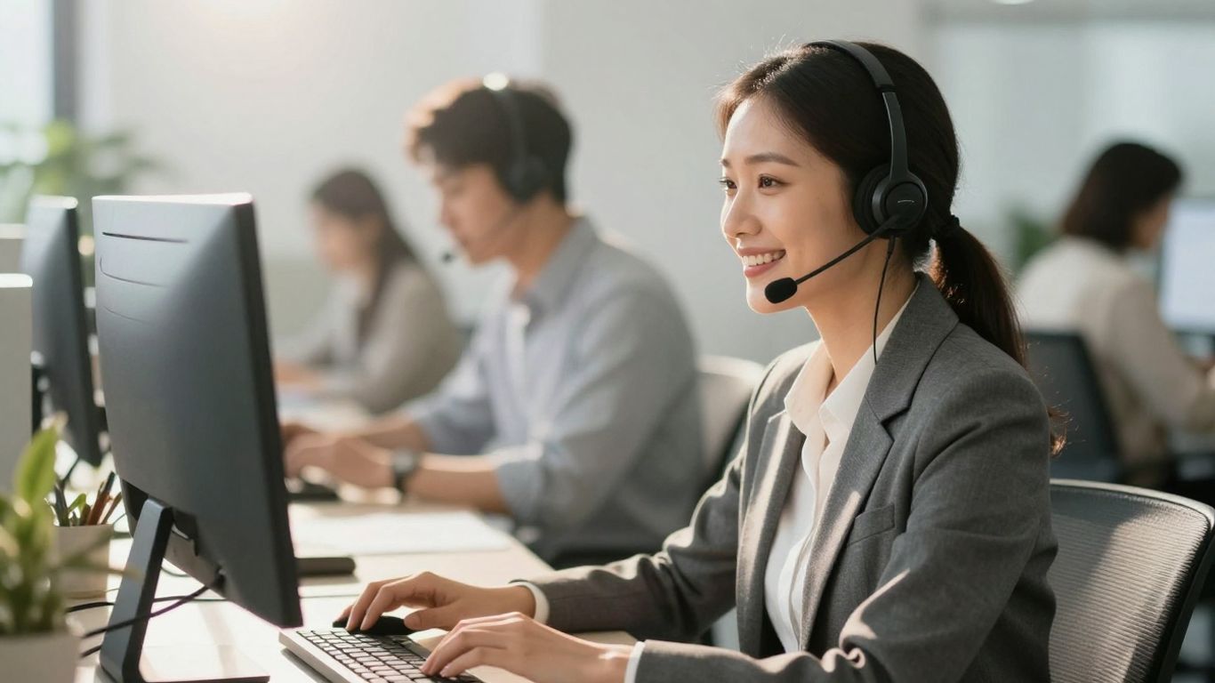 Professional woman with headset in modern office.