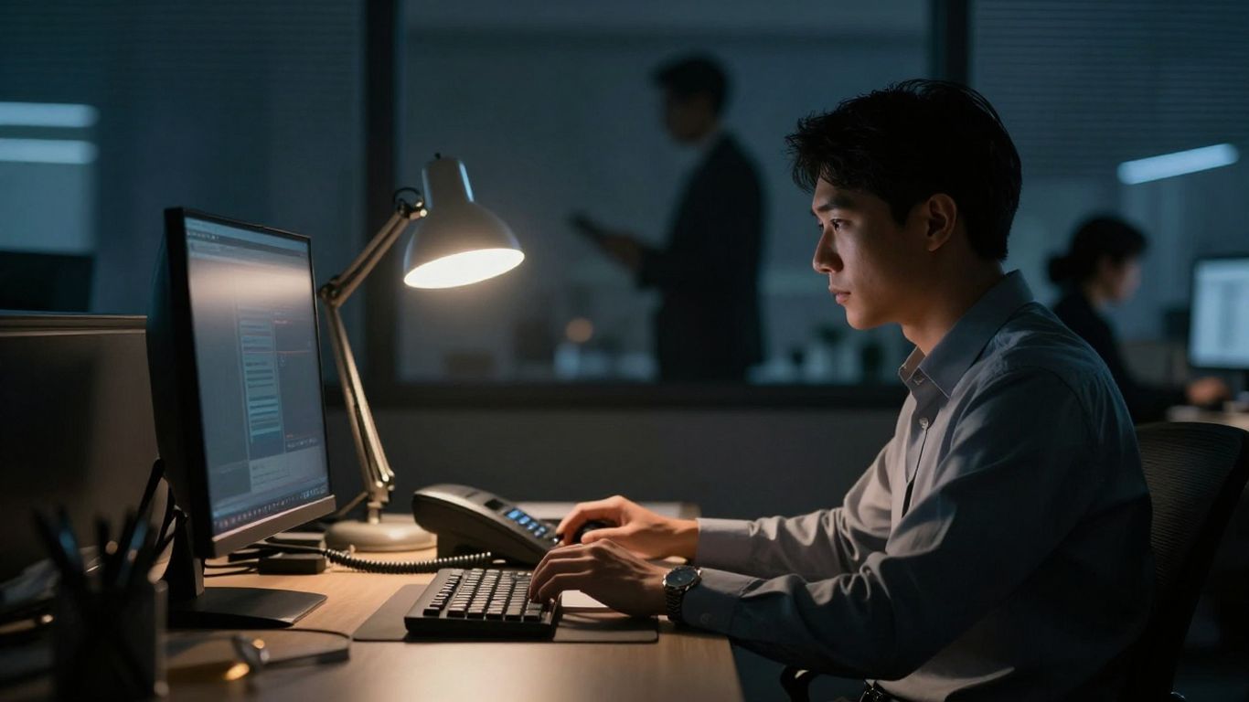 Business phone ringing after hours in a dimly lit office.