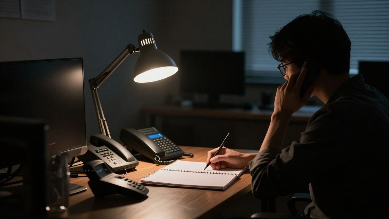 Nighttime office with a phone, ready for after-hours calls.