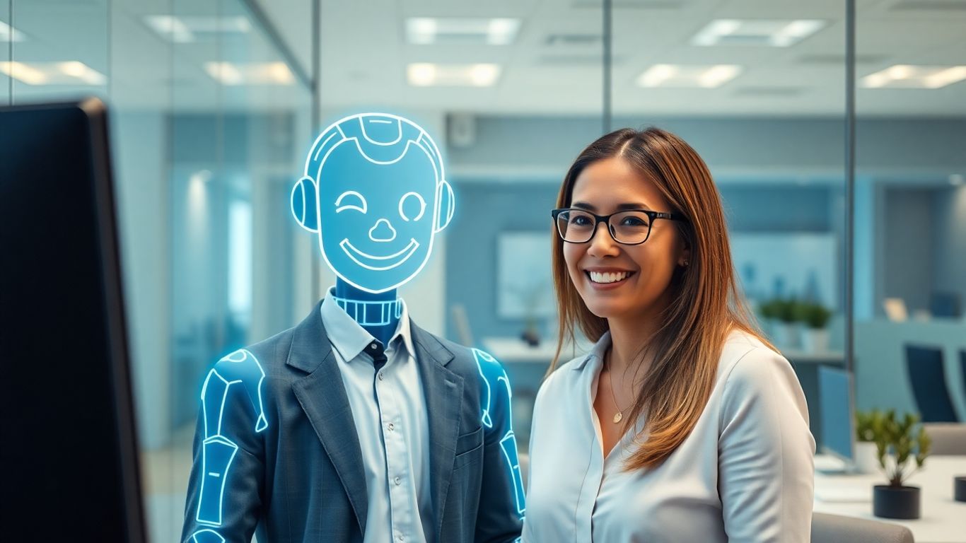 AI receptionist assisting business owner in office