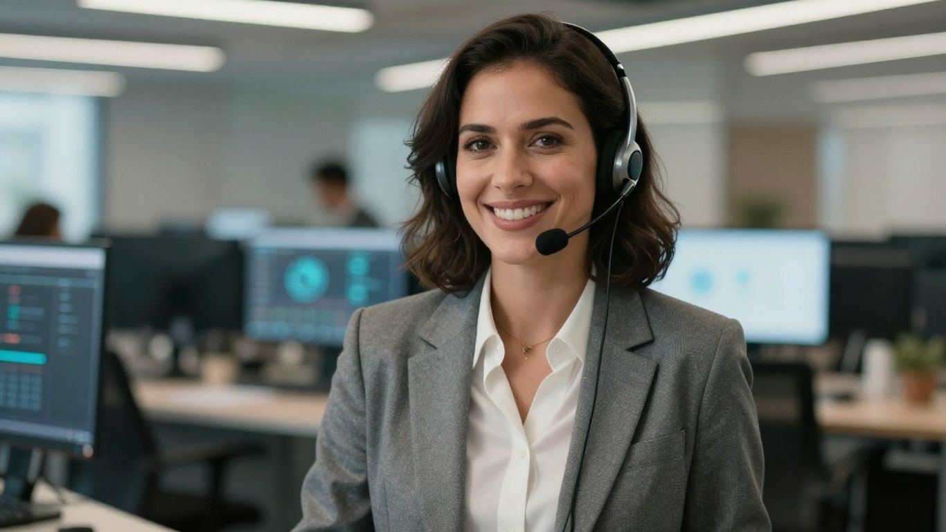 Woman with headset in office, AI virtual receptionist