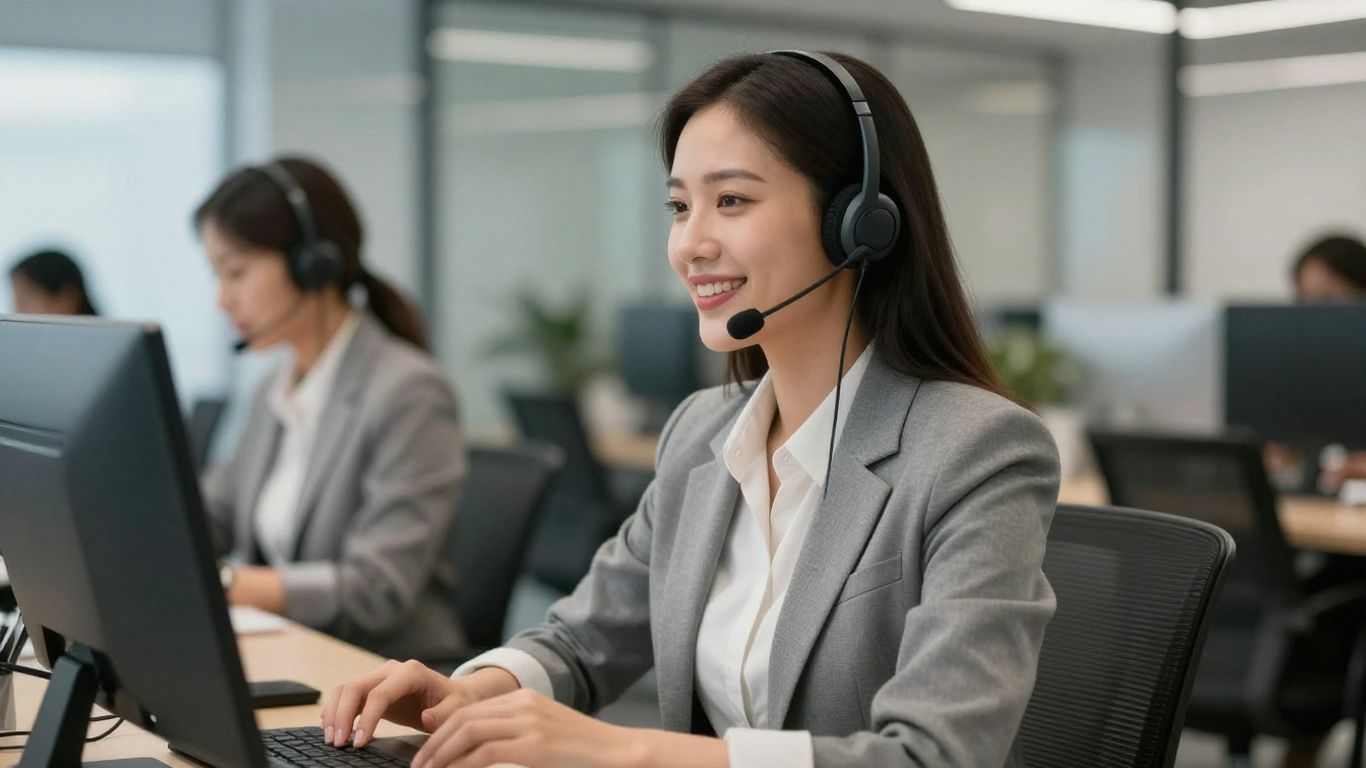 Professional woman using a headset in an office.