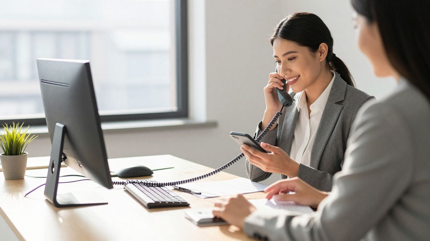 Professional receptionist handling business calls efficiently.