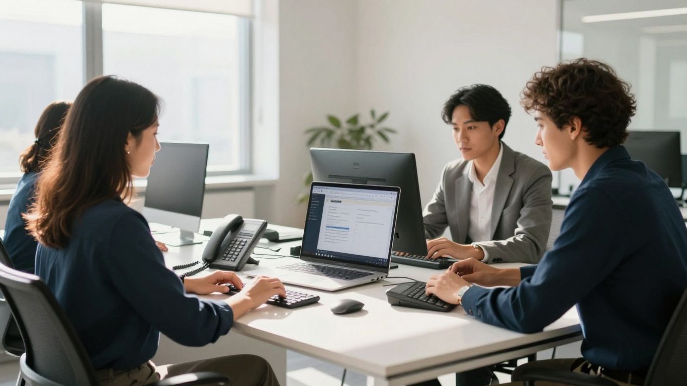 Business team in modern office with phone and laptop.