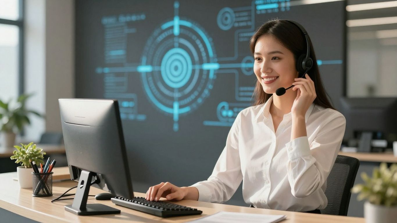 AnswerConnect receptionist with headset, modern office, AI technology