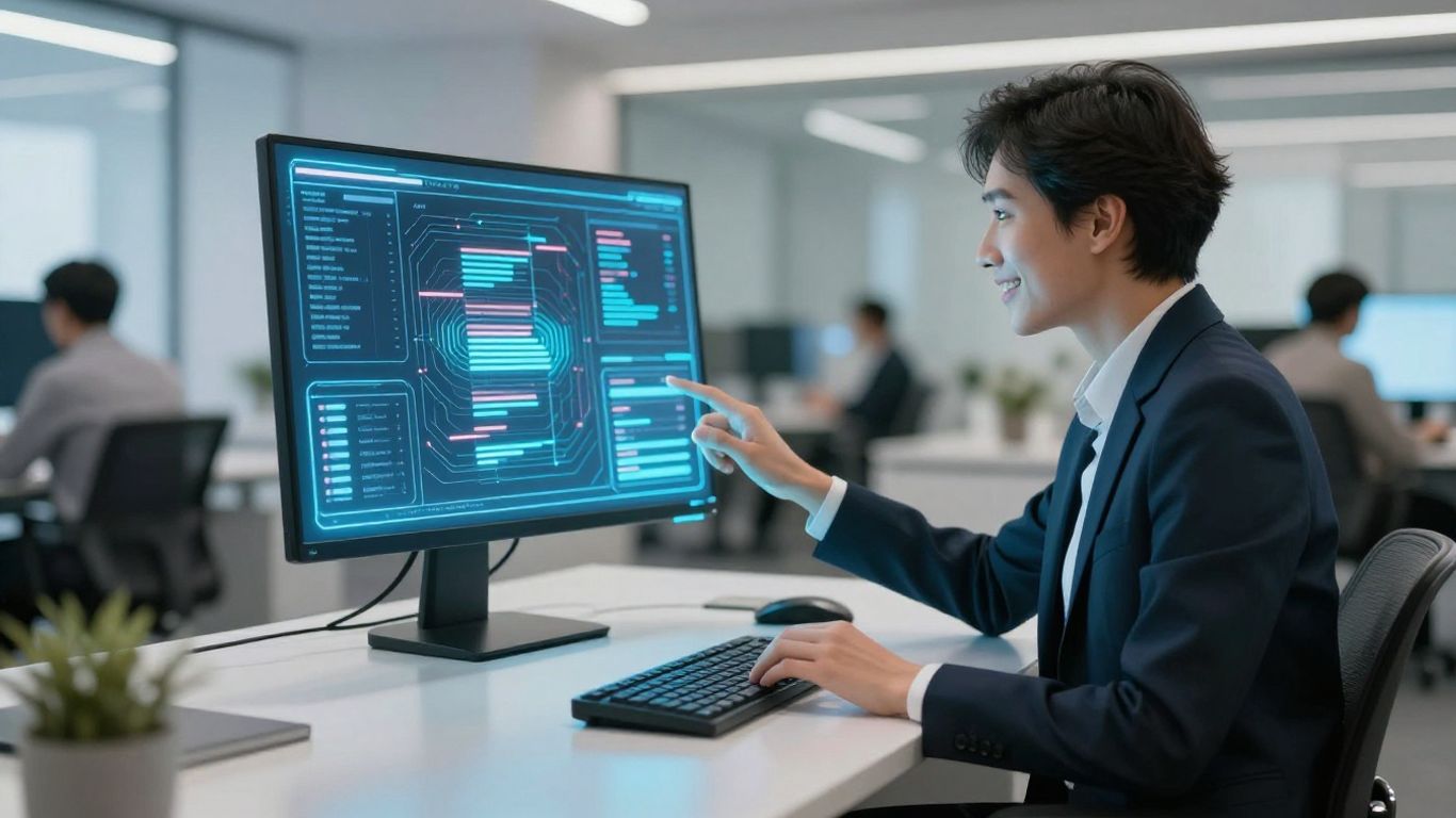 AI avatar at a futuristic desk handling calls for a business.