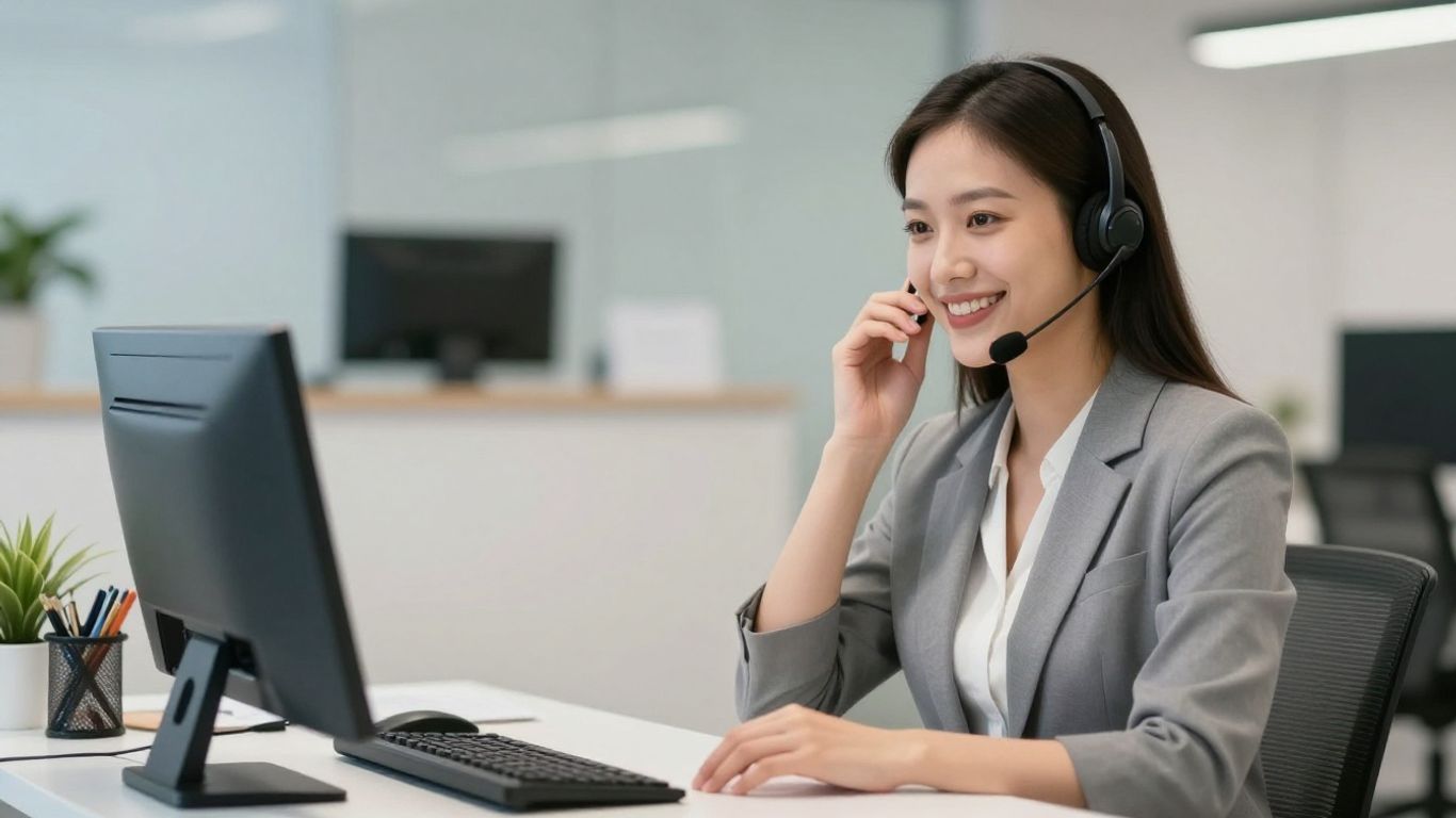 Professional receptionist with headset in a modern office.