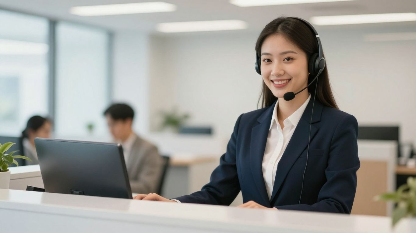 VoiceNation receptionist with headset, professional office background.