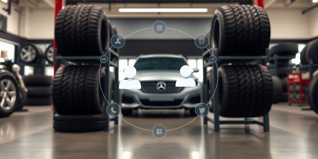 Tire shop owner smiling with AI bot interface.