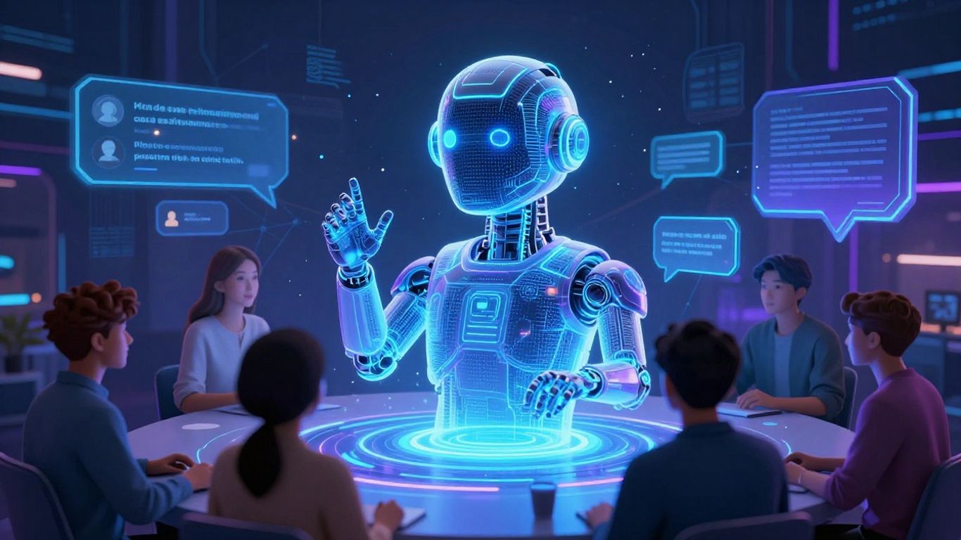 AI chatbot interacting with people, futuristic interface