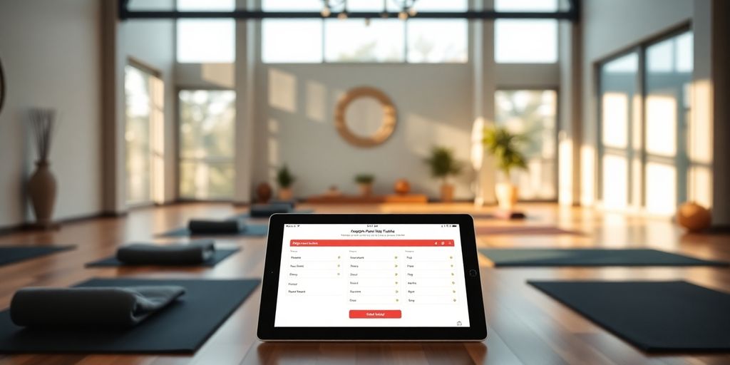 Yoga studio interior with a person booking online.