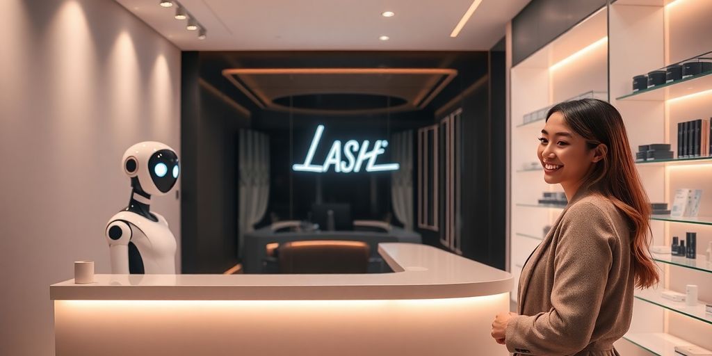 AI receptionist greeting a customer at a lash bar.