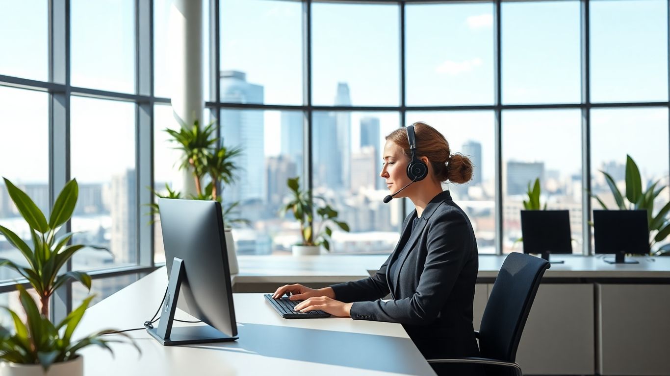 Receptionist in modern Buffalo office with headset and city view