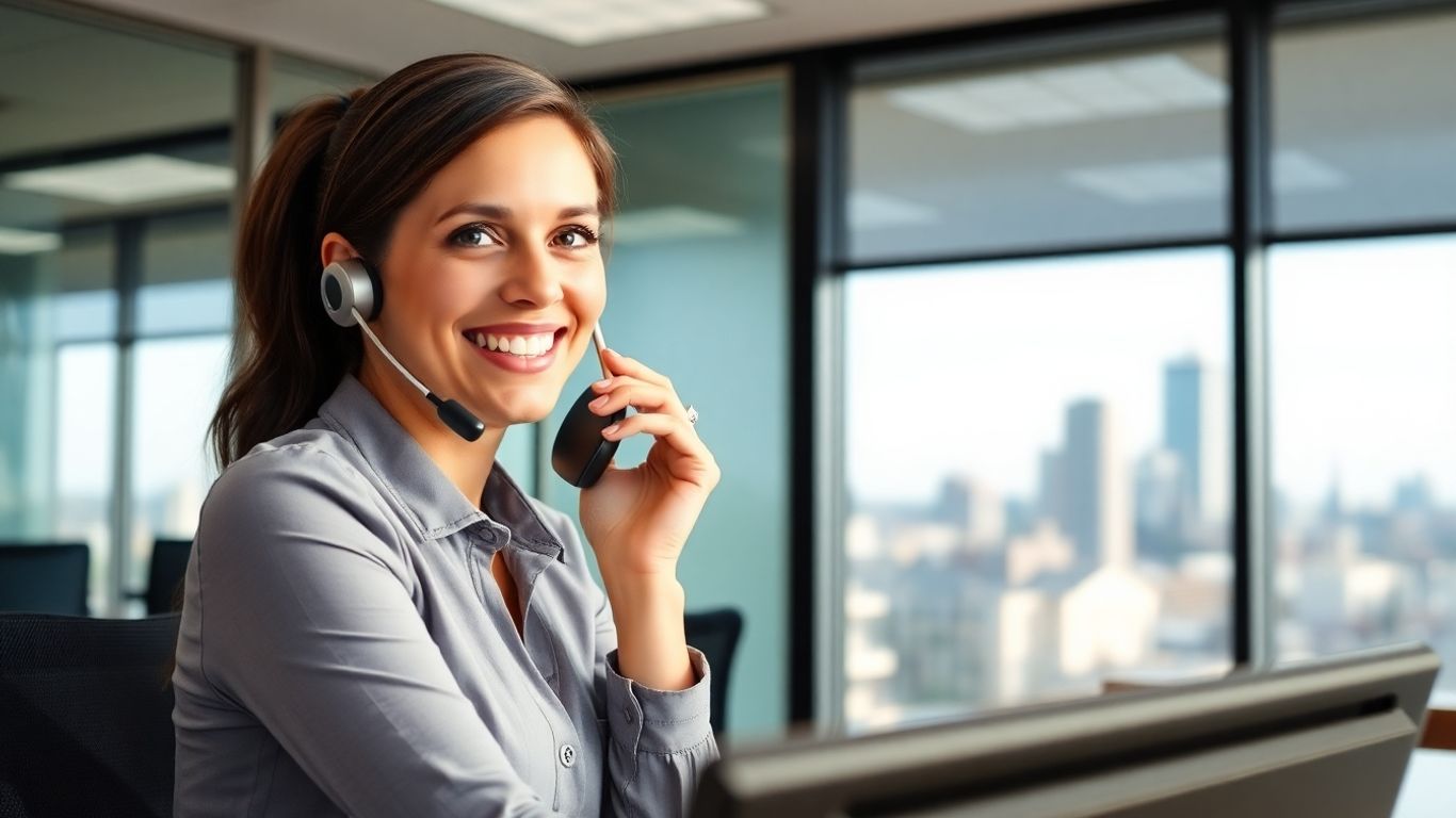 Buffalo receptionist smiling with headset in modern office