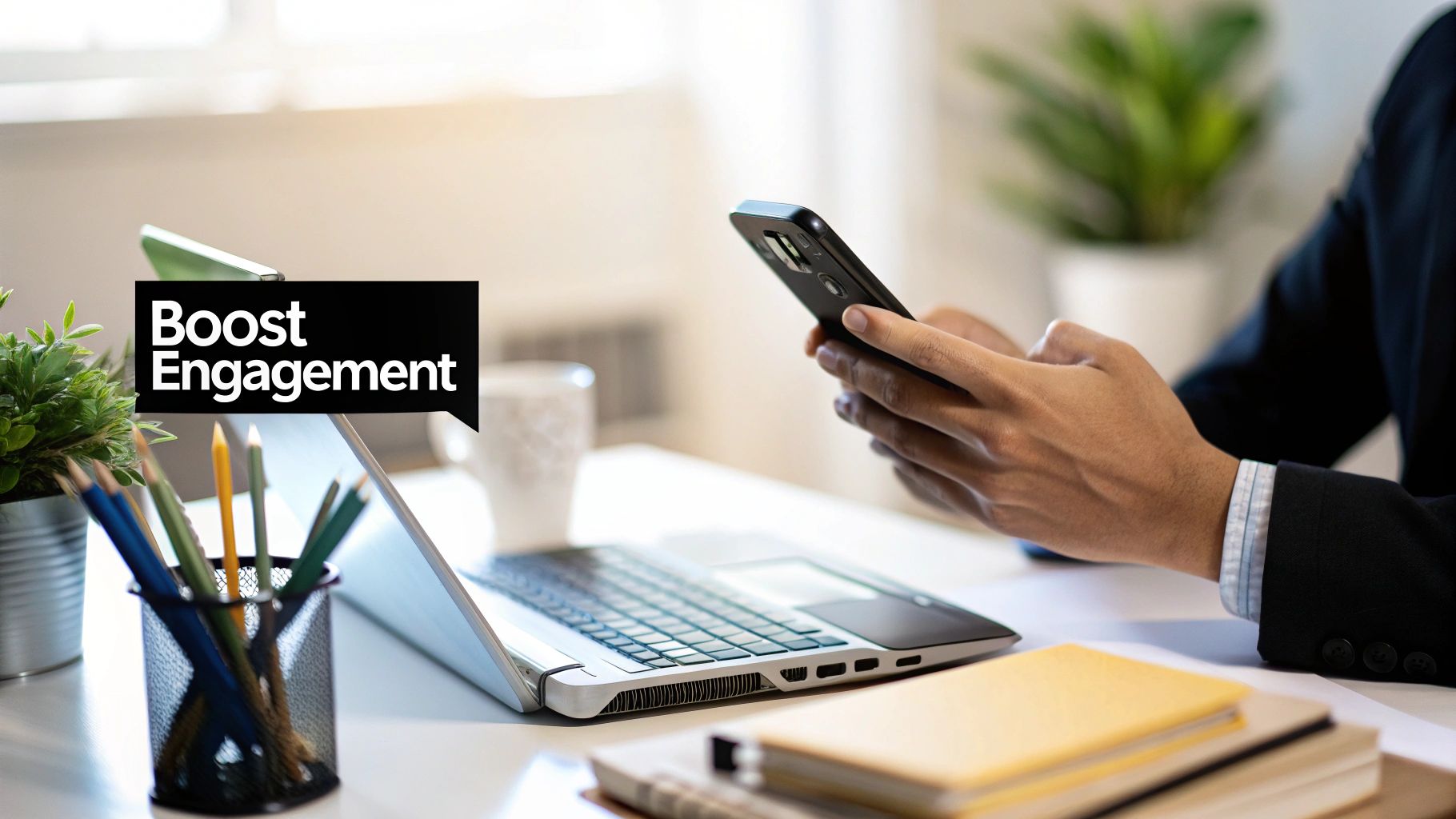 A person using a smartphone to send business text messages, with a laptop in the background showing customer engagement metrics