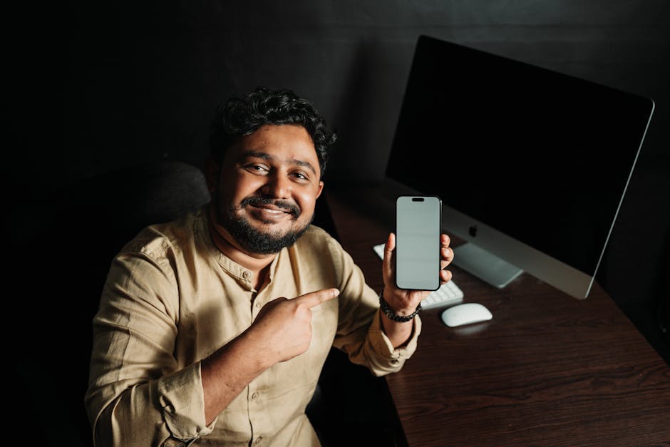 A modern smartphone displaying a user-friendly interface of a call answering app, surrounded by happy customers in a business setting