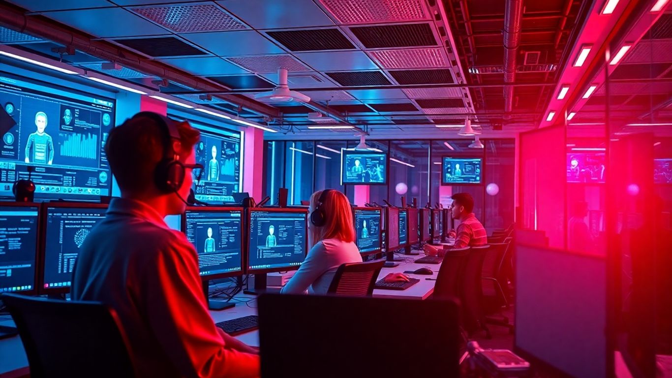 Futuristic call center with AI and digital assistants