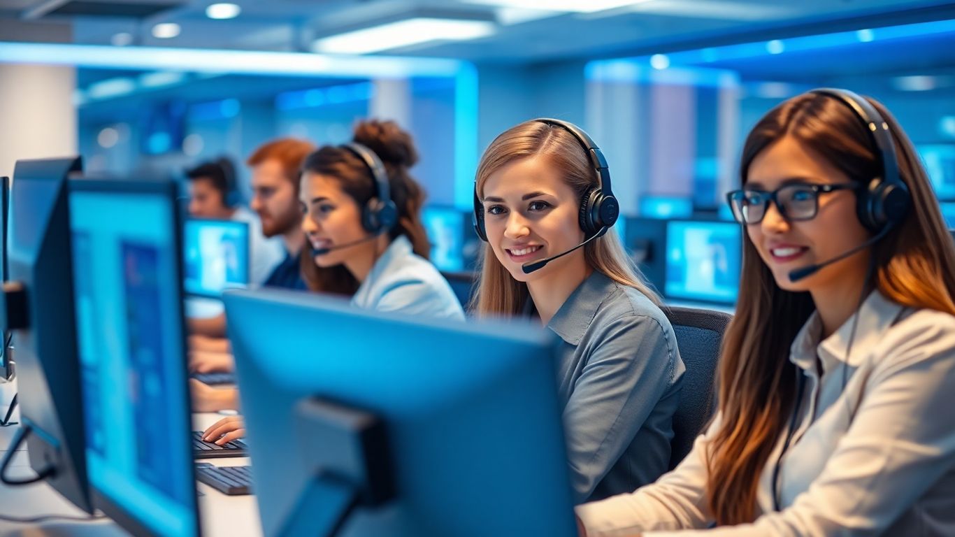 Call center agents using headsets in modern office