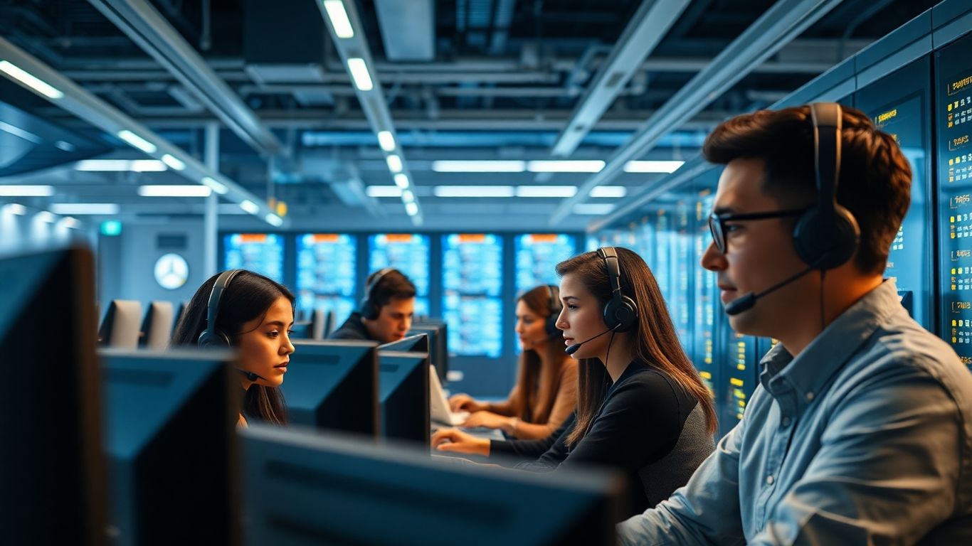 Modern call center agents with advanced technology setup