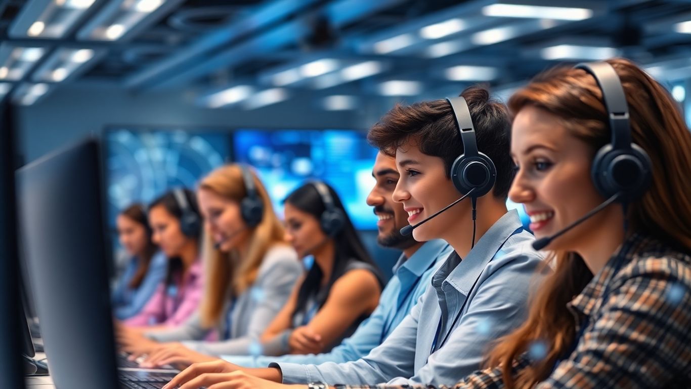 Call center agents at work with futuristic interfaces