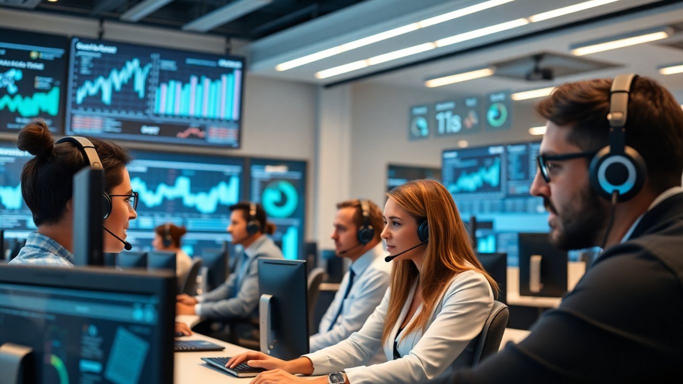 Call center agents with analytics screens in modern office