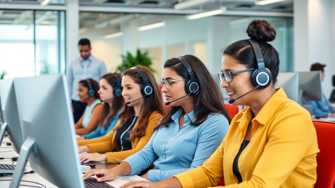 Diverse call center team working with supervisor present