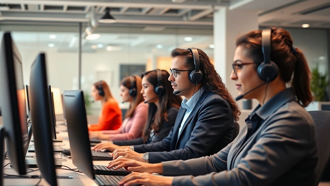 Customer service agents working in a modern call center.