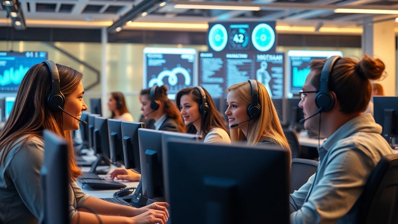 Call center agents with AI tools in modern office