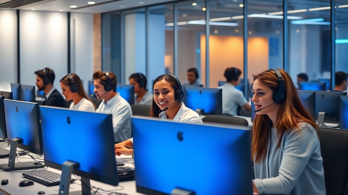 Futuristic call center with diverse agents and blue lighting