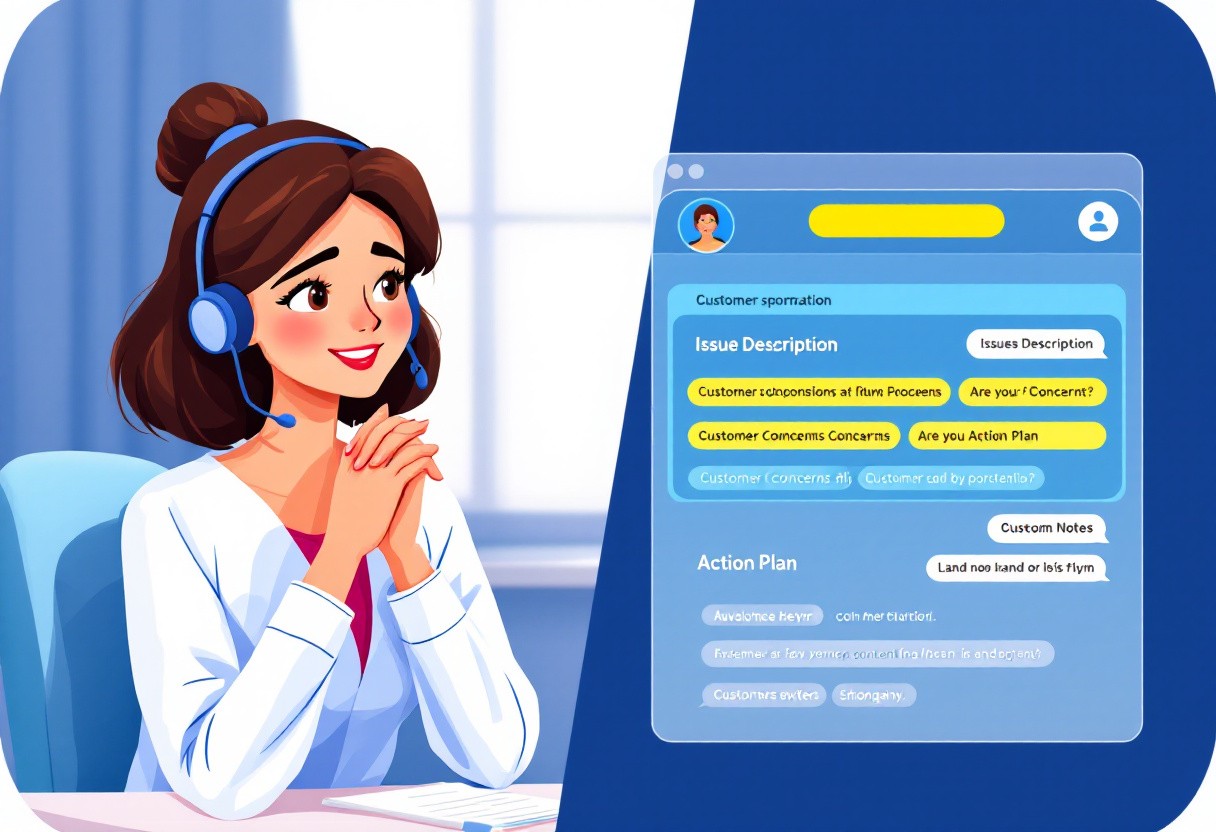 Split-screen illustration showing a customer service representative actively listening on one side (with visual cues like note-taking and engagement indicators) and their detailed digital notes on the other side, with highlighted key information points