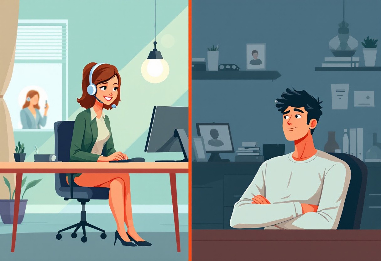 A split-screen illustration showing two scenarios: one depicting positive call handling with visual cues of active listening and proper posture, contrasted with poor call handling practices, highlighted with clear do's and don'ts