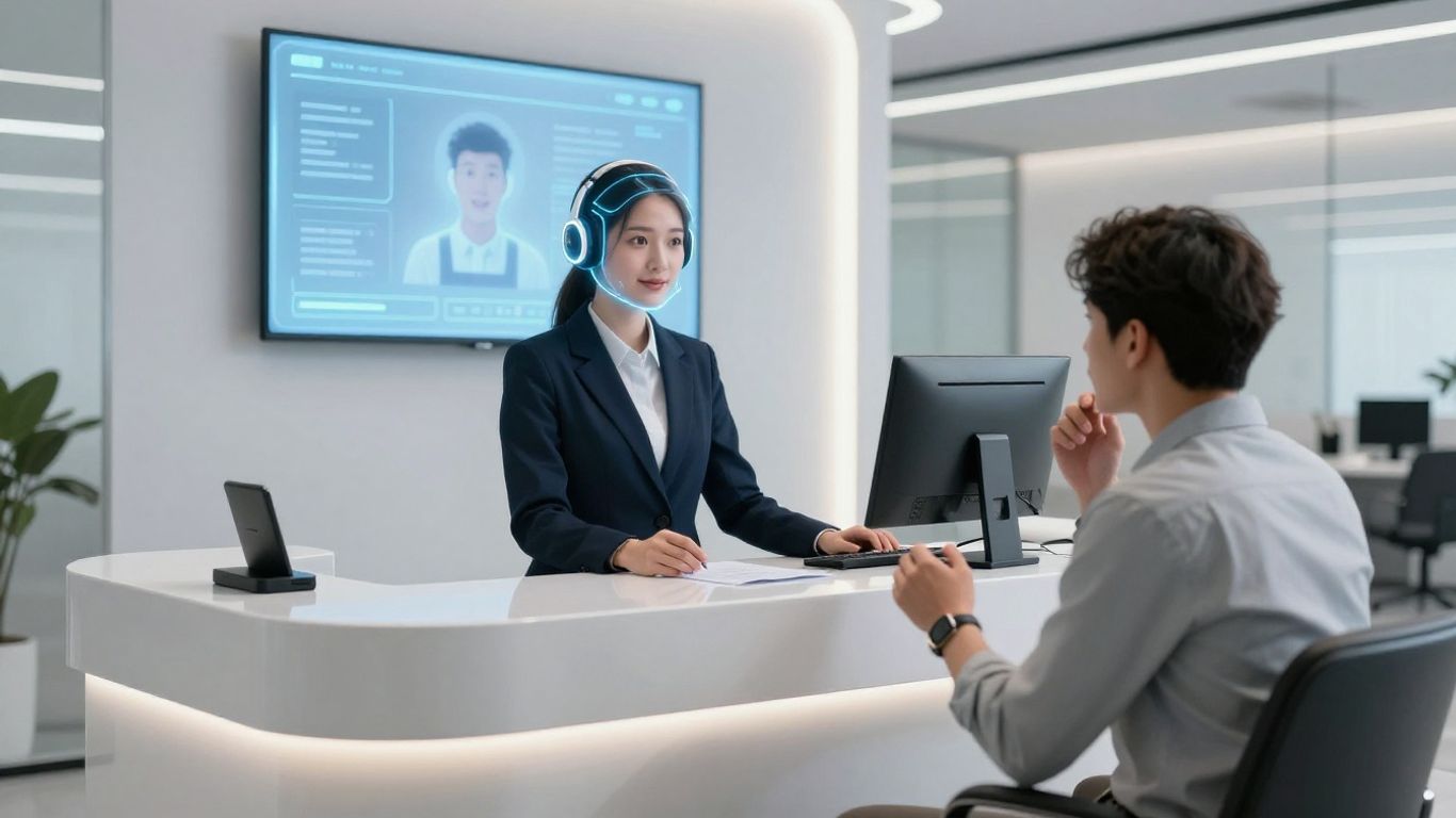 AI assistant at a reception desk interacting with a visitor.