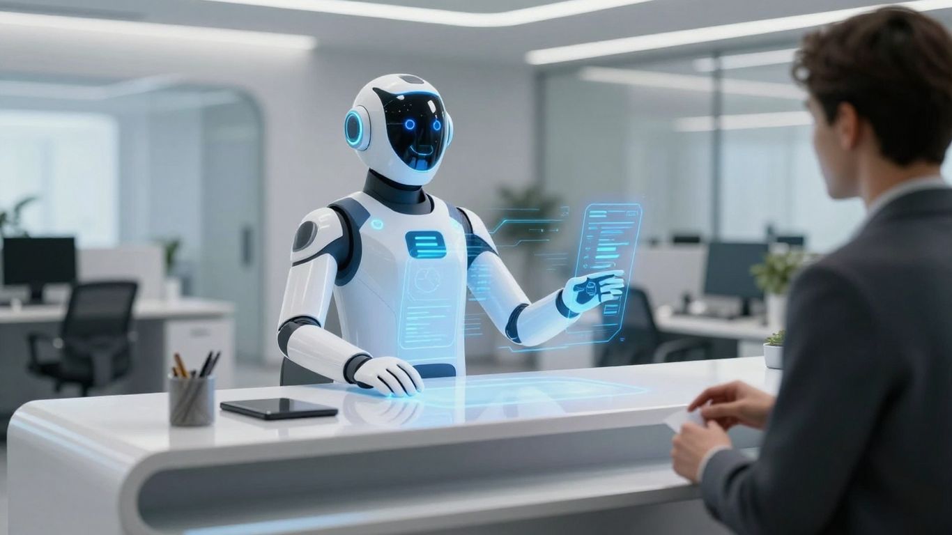 AI receptionist interacting with a visitor at a modern desk.