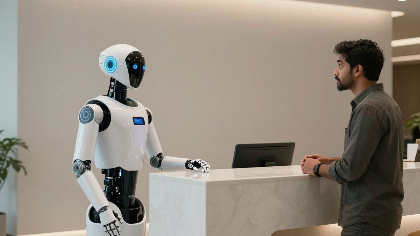 Robot hotel clerk assisting a guest in a modern lobby.
