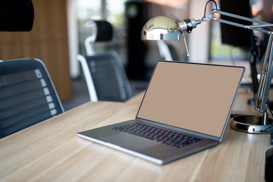 A smart office space with a traditional landline and high-tech AI interface in the background