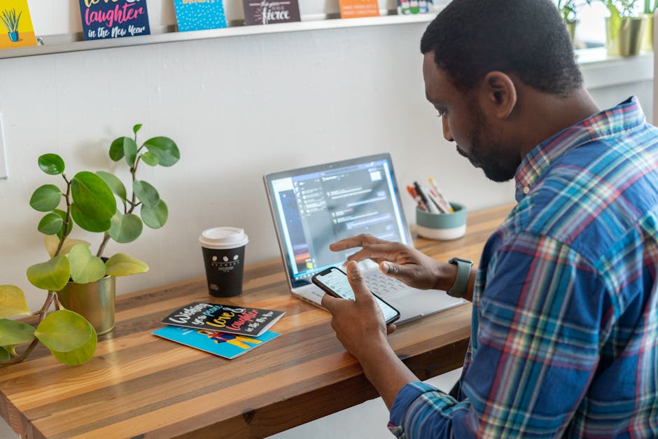 A creative visual of a professional using a smartphone, with graphics showing connectivity and communication improvements, symbolizing the transfer of a landline number.