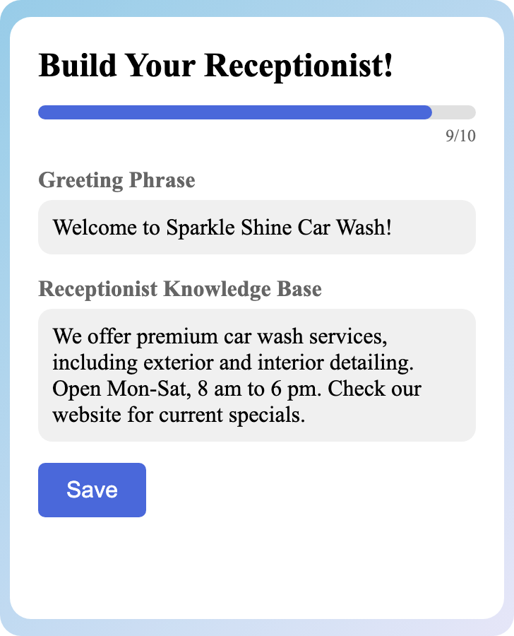 Sample receptionist setup for Car Wash