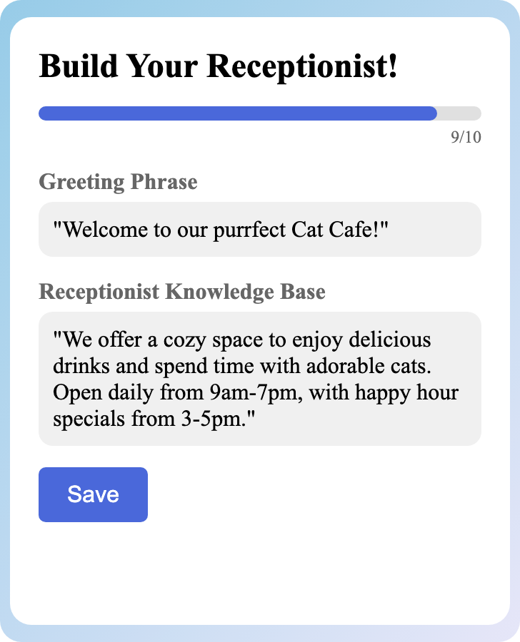 Sample receptionist setup for Cat Cafe
